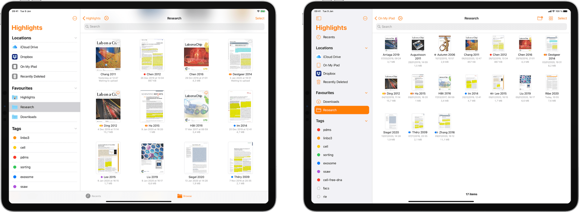 Comparison of the document browser in iPadOS 13 on the left and iPadOS 14 on the right.