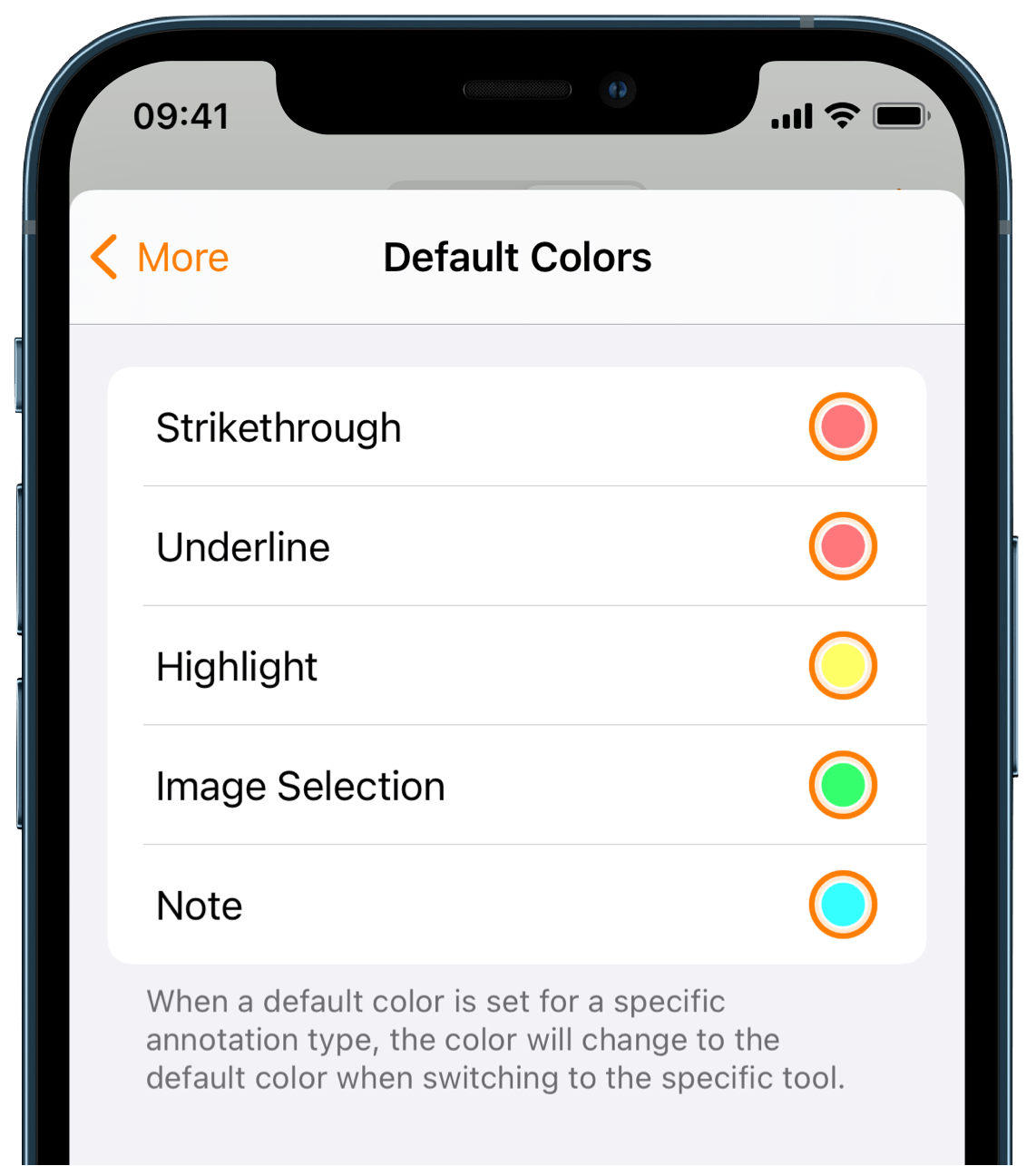 Document settings screen with the default colors set to a color