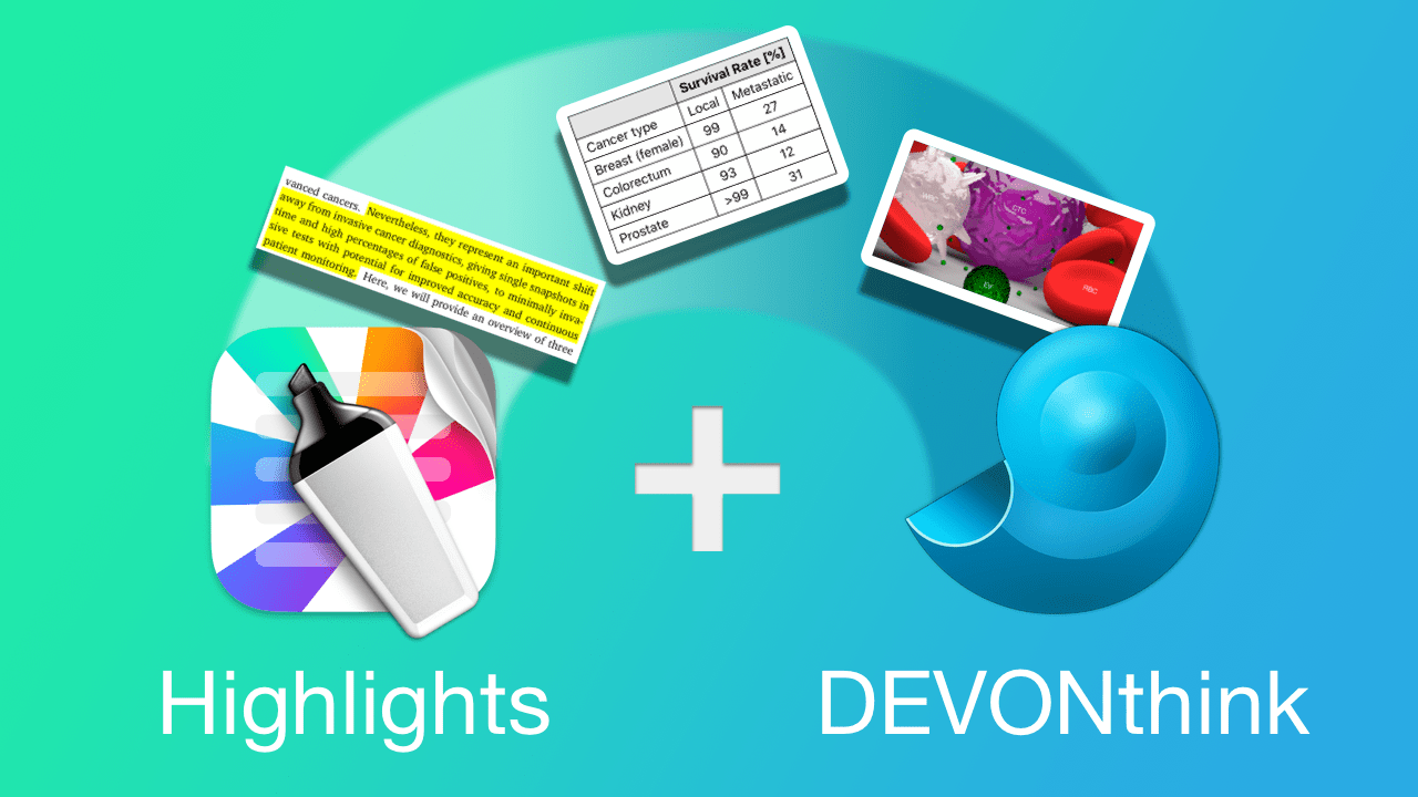 Artwork showing text, tables and images being extracted from the Highlights app icon to the DEVONthink app icon