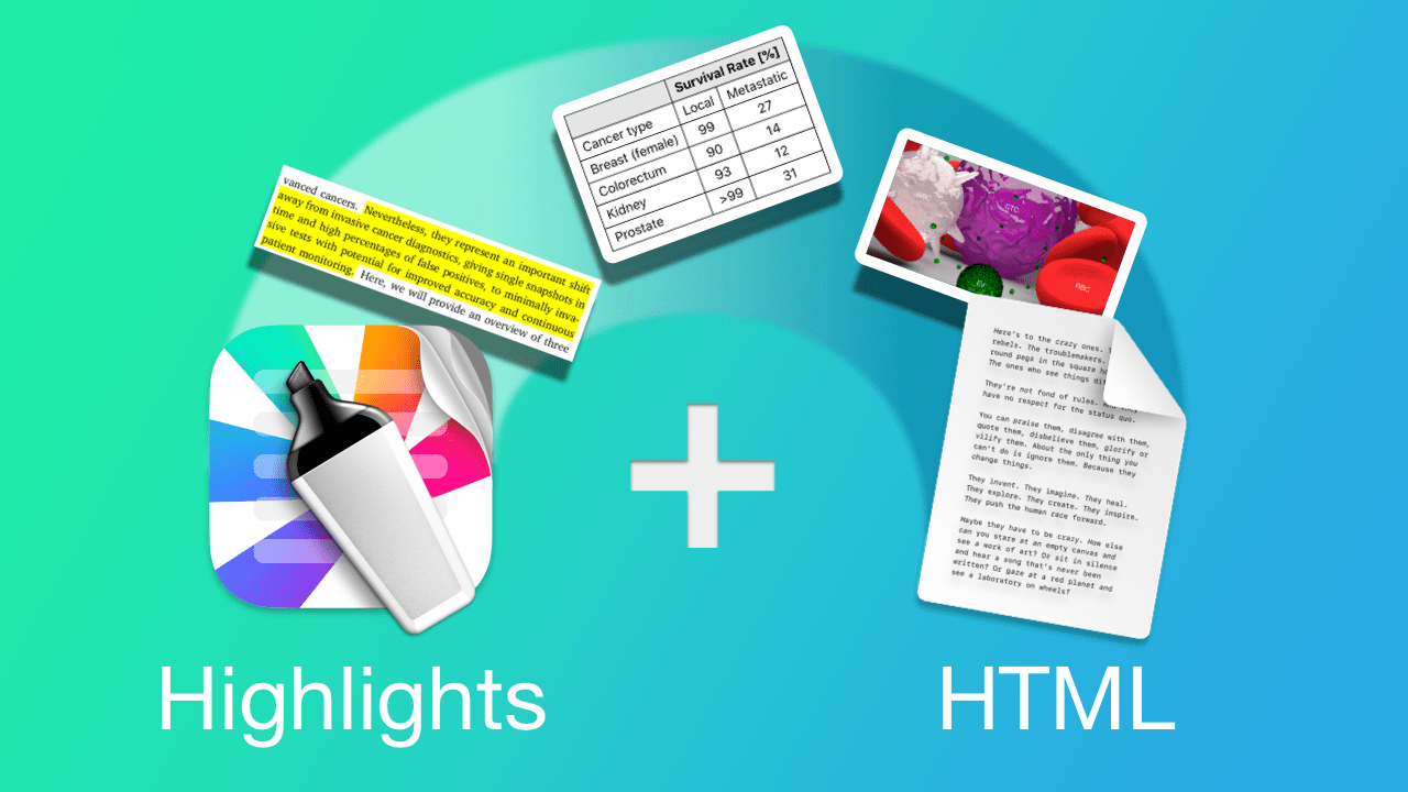 Artwork showing text, tables and images being extracted from the Highlights app icon to a HTML file