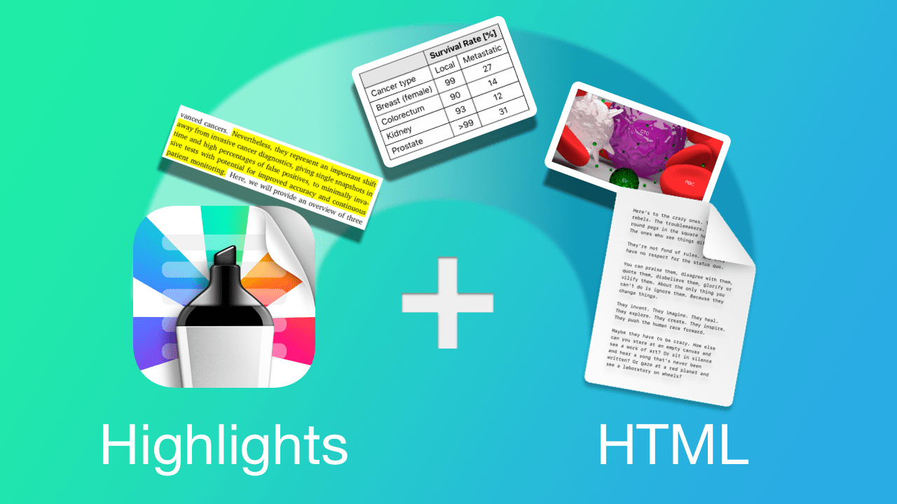Artwork showing text, tables and images being extracted from the Highlights app icon to a HTML file