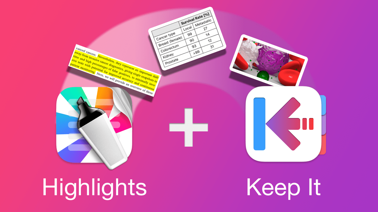 Artwork showing text, tables and images being extracted from the Highlights app icon to the Keep It app icon