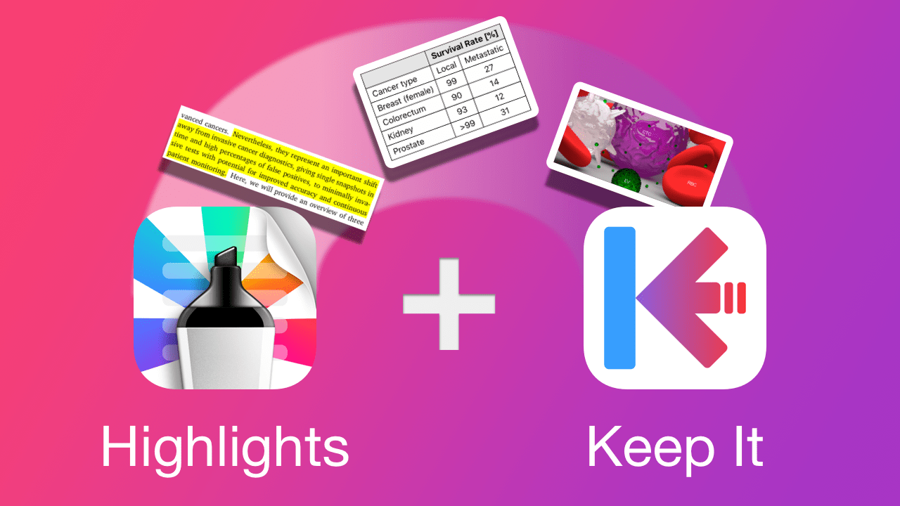 Artwork showing text, tables and images being extracted from the Highlights app icon to the Keep It app icon