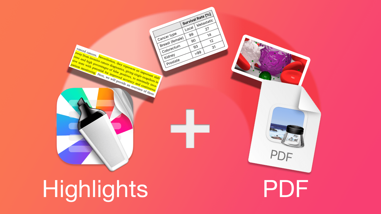 Artwork showing text, tables and images being extracted from the Highlights app icon to a PDF file