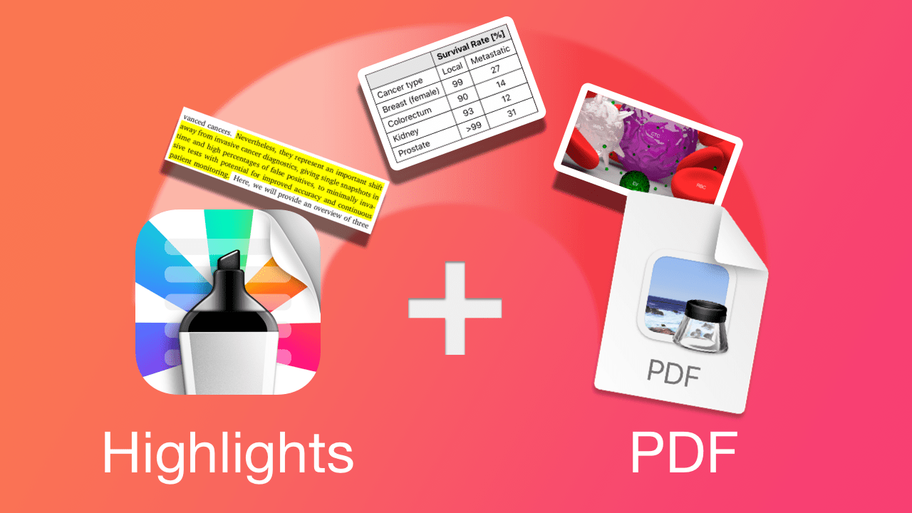 Artwork showing text, tables and images being extracted from the Highlights app icon to a PDF file
