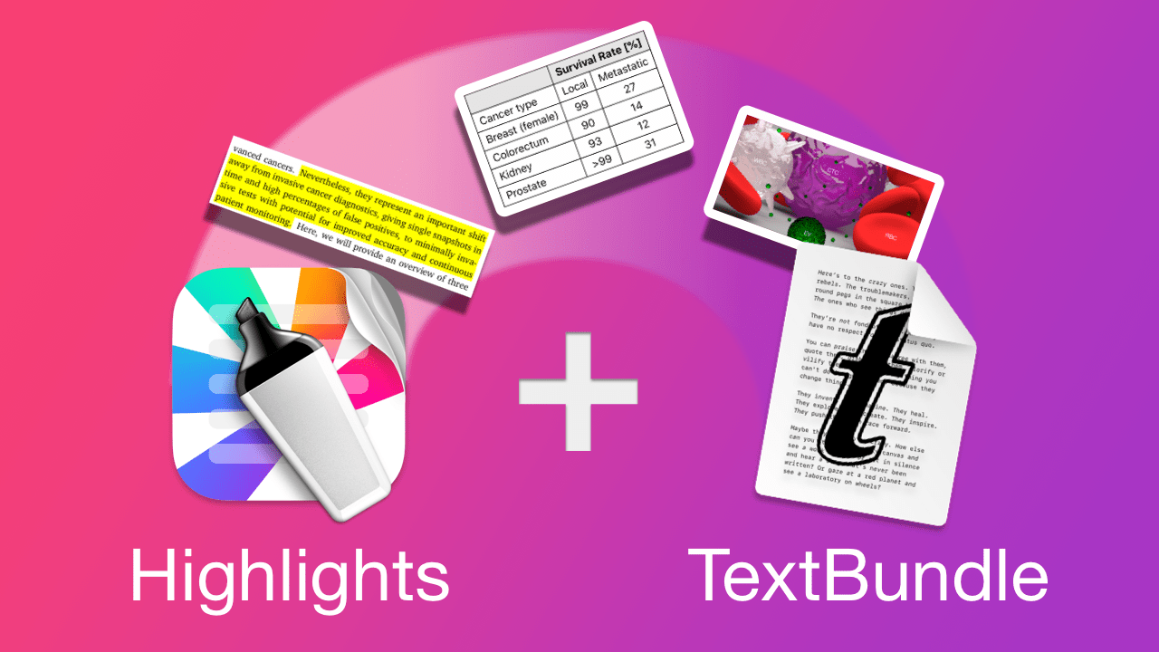 Artwork showing text, tables and images being extracted from the Highlights app icon to a TextBundle file