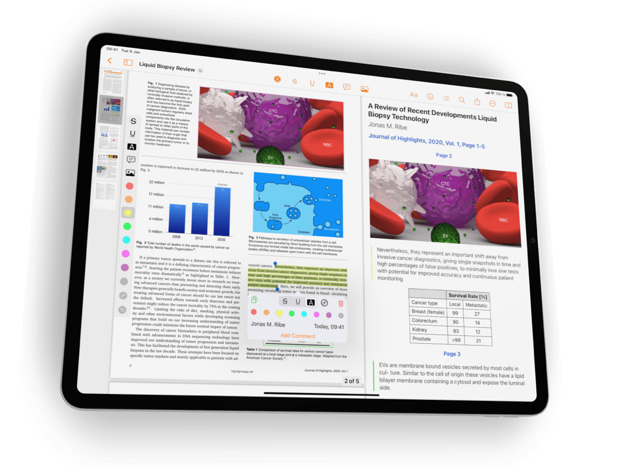 A 12.9 inch iPad Pro showing Highlights with a PDF and notes open side-by-side.