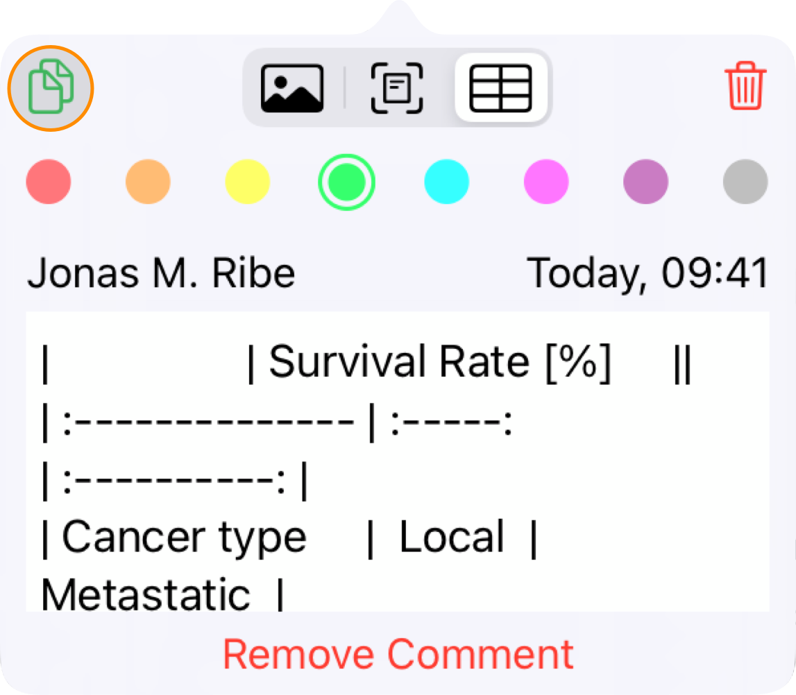 Annotation popover with copy button highlighted