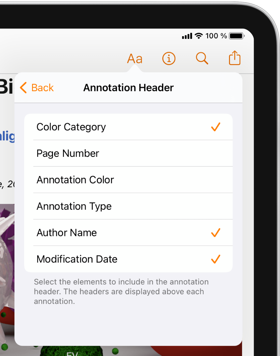 Annotation header settings popover