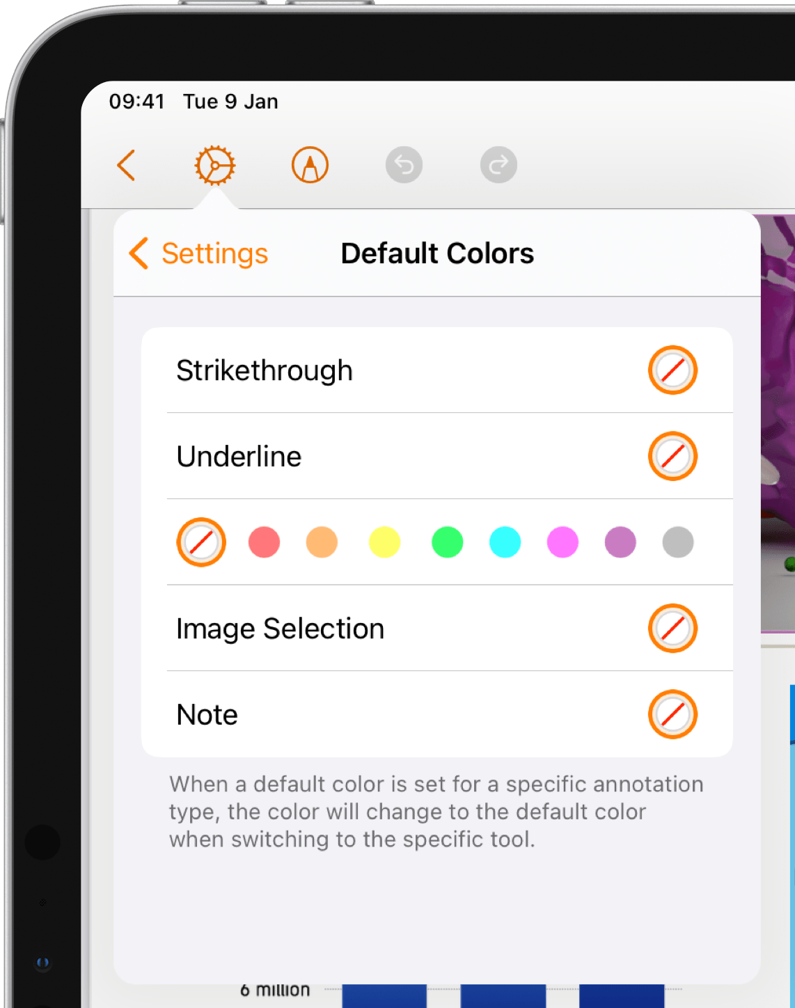 Document settings popover with the default colors color picker shown