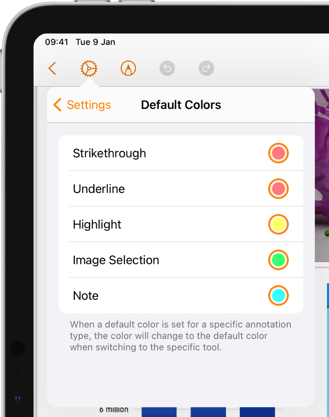 Document settings popover with the default colors set to a color