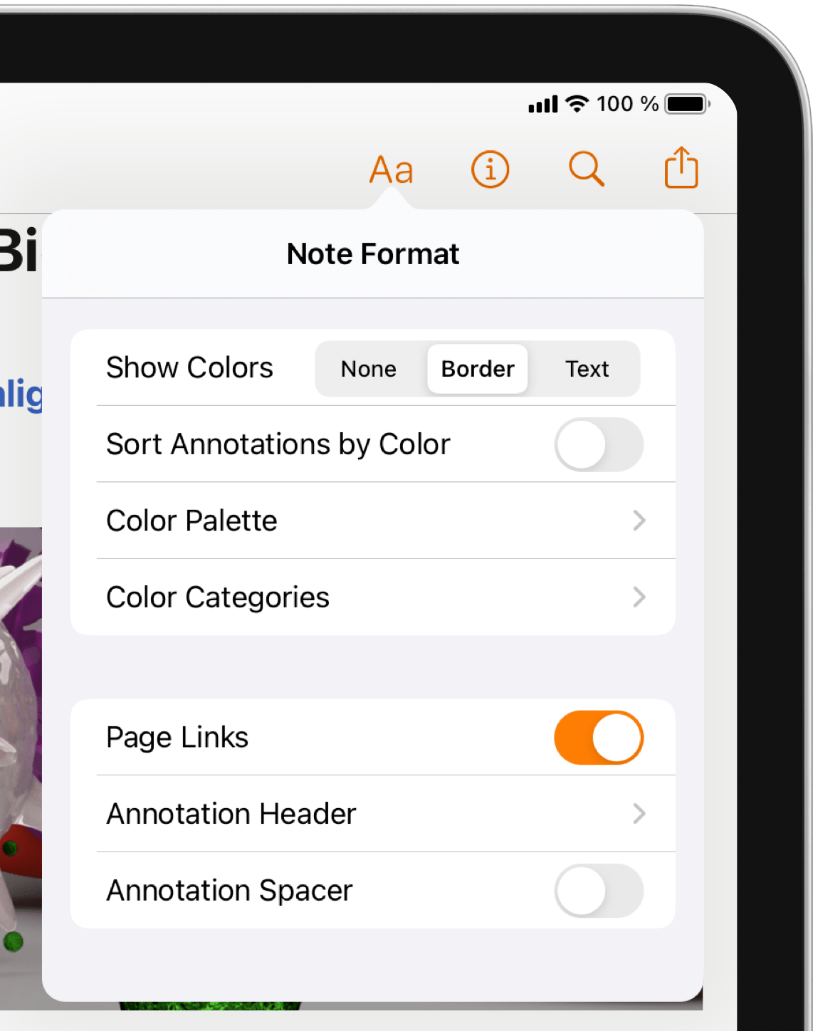 Note format settings screen