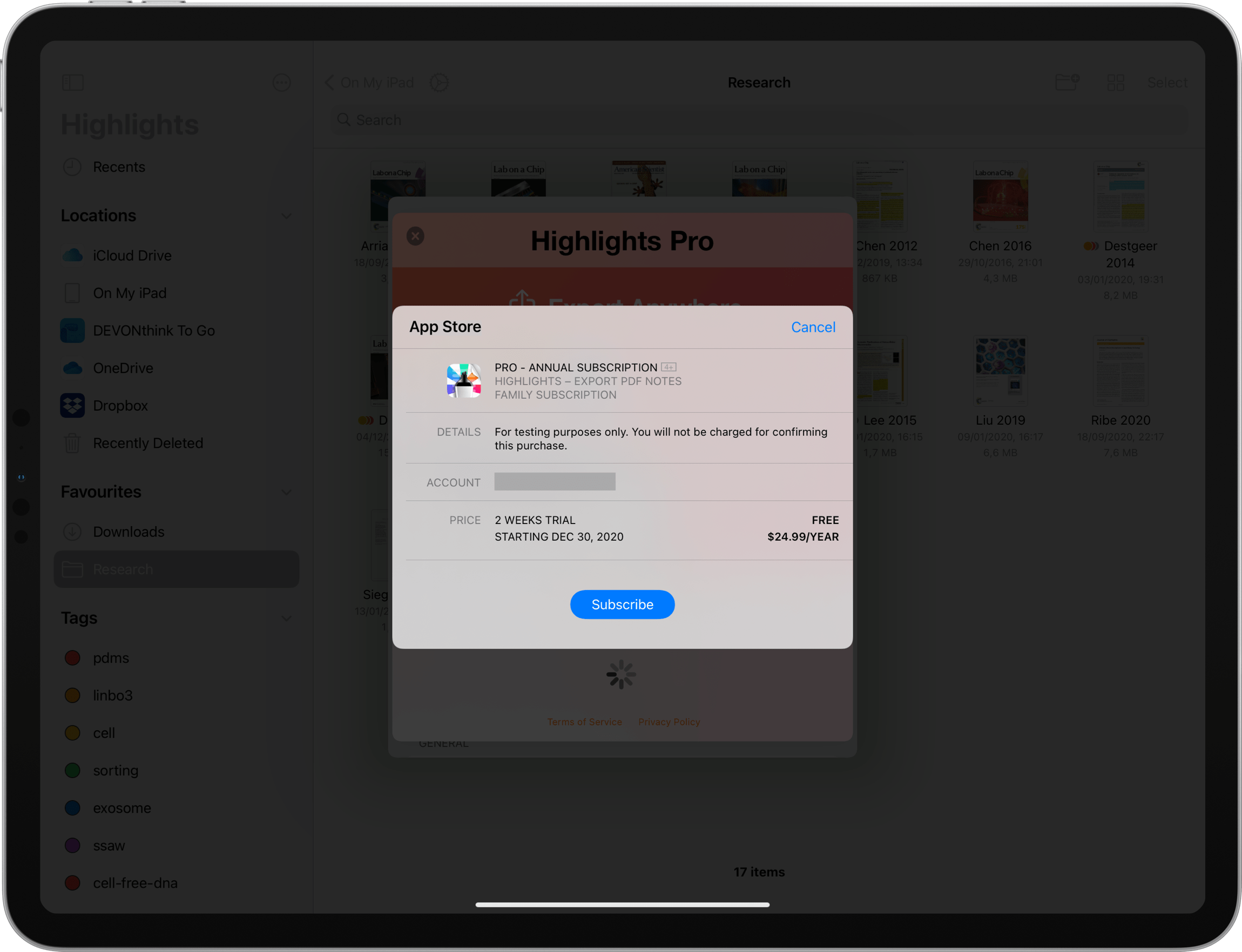 iPad displaying App Store purchase sheet for Highlights Pro