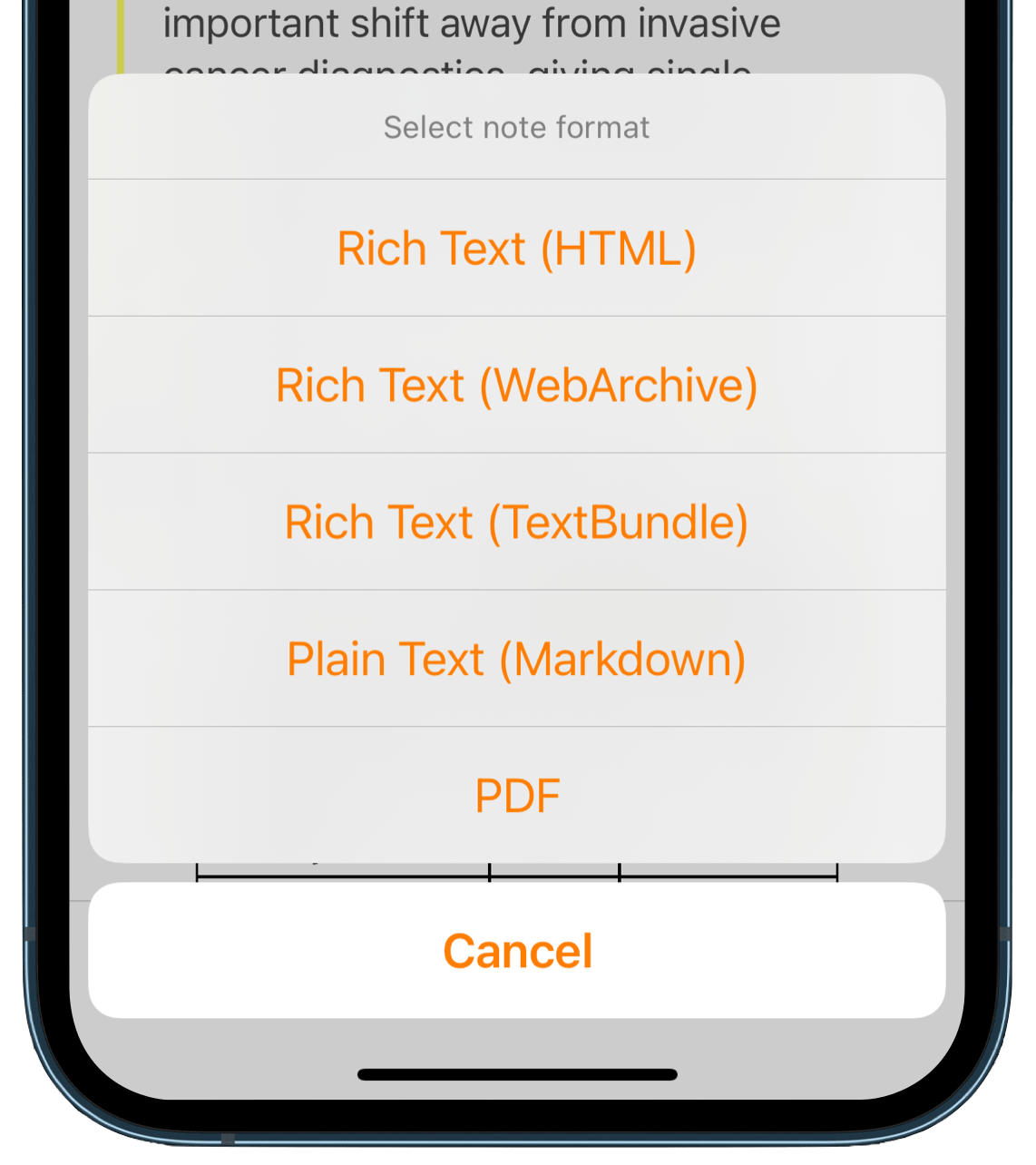 Note export format menu