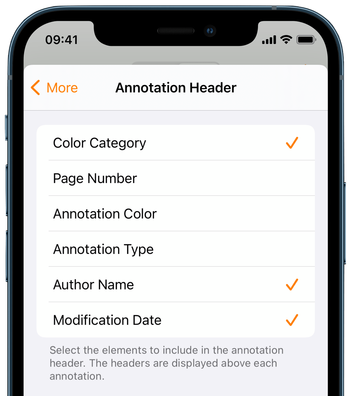 Annotation header settings screen