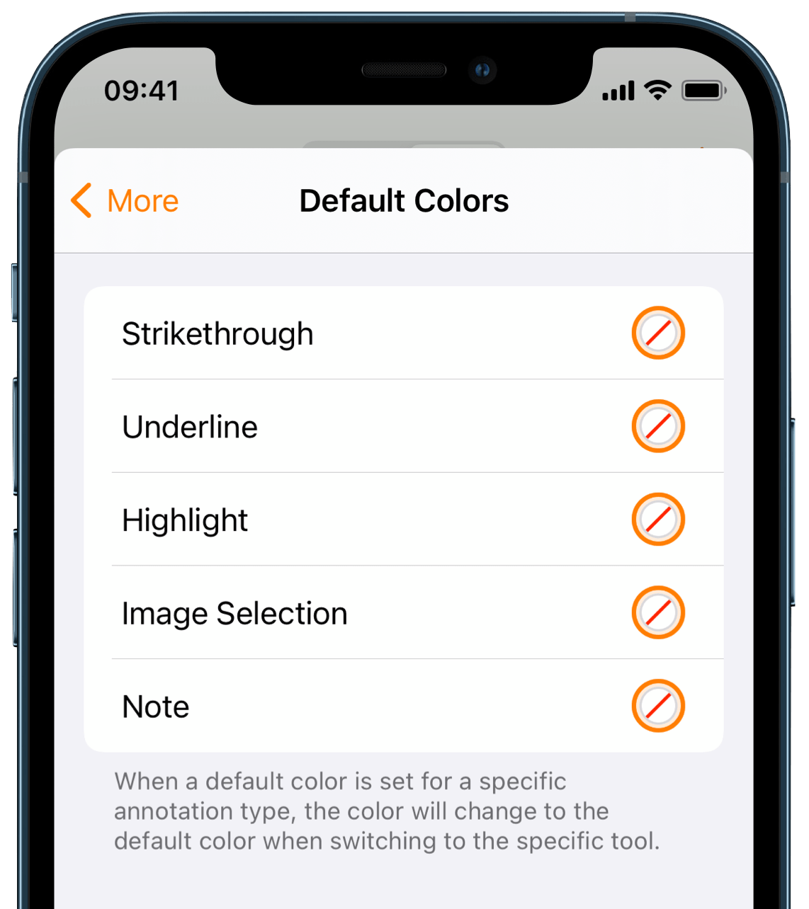 Document settings screen with the default colors set to none