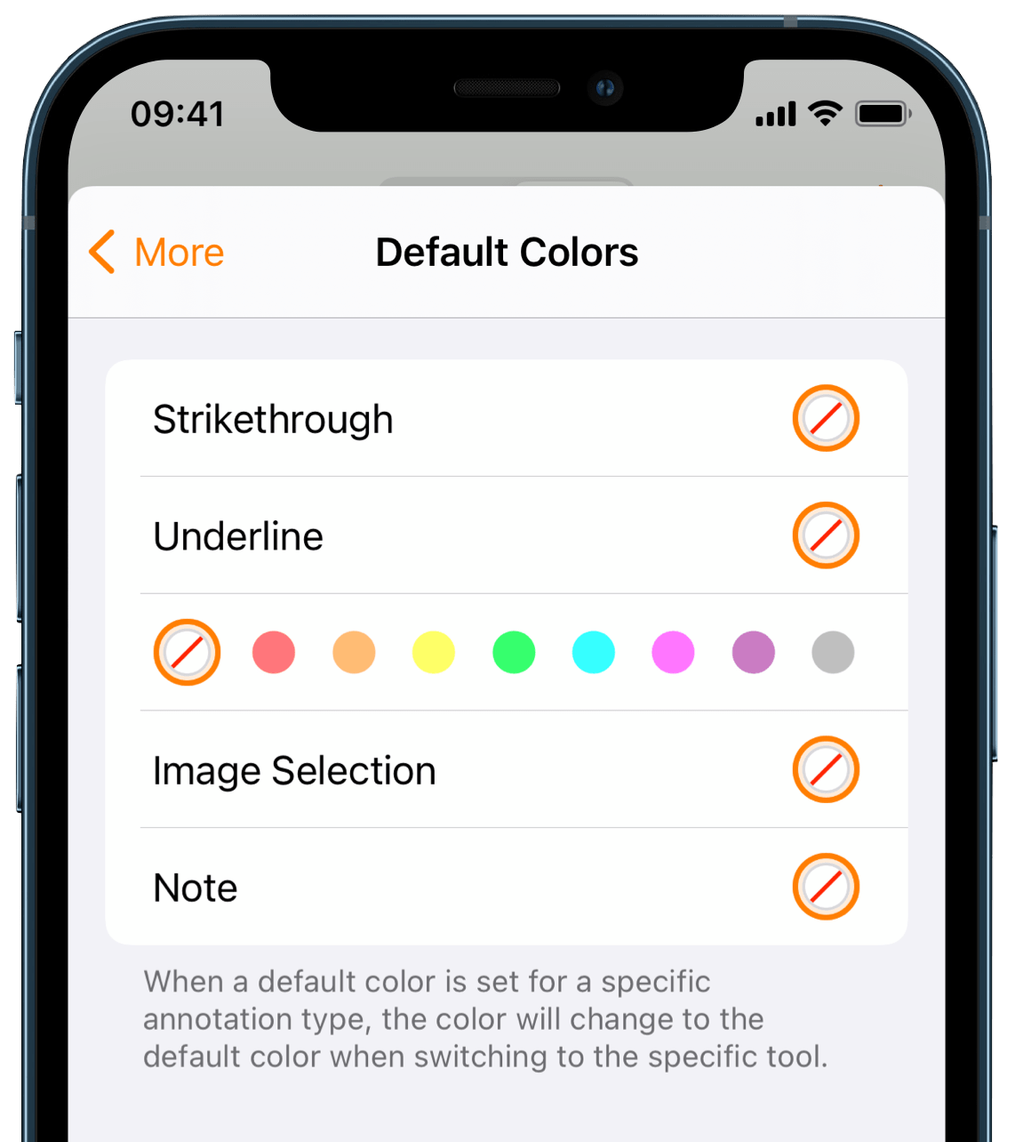Document settings screen with the default colors color picker shown