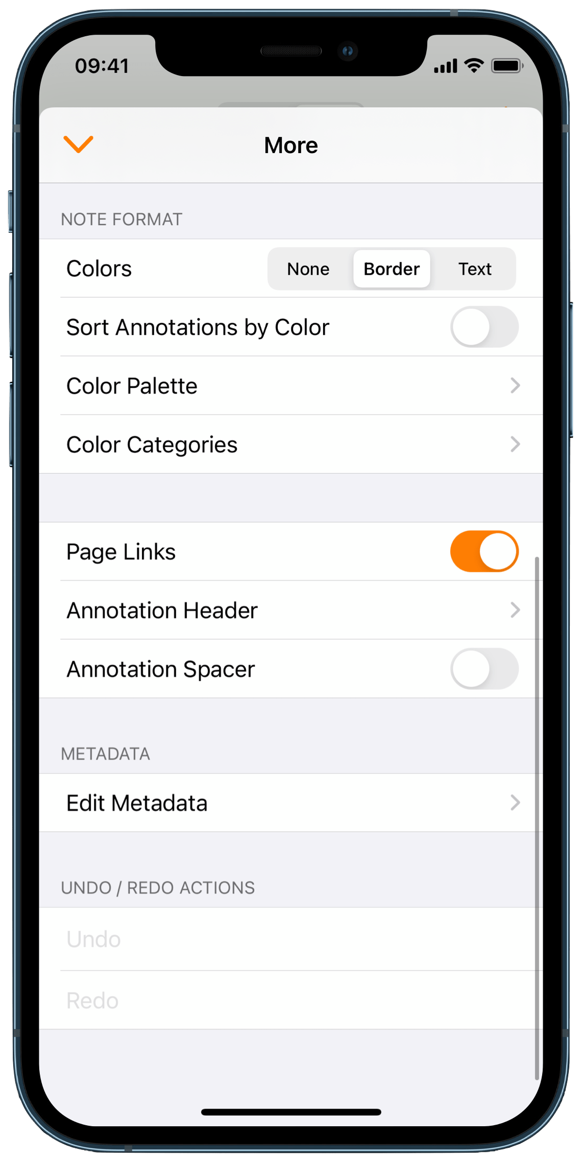 Note format settings screen