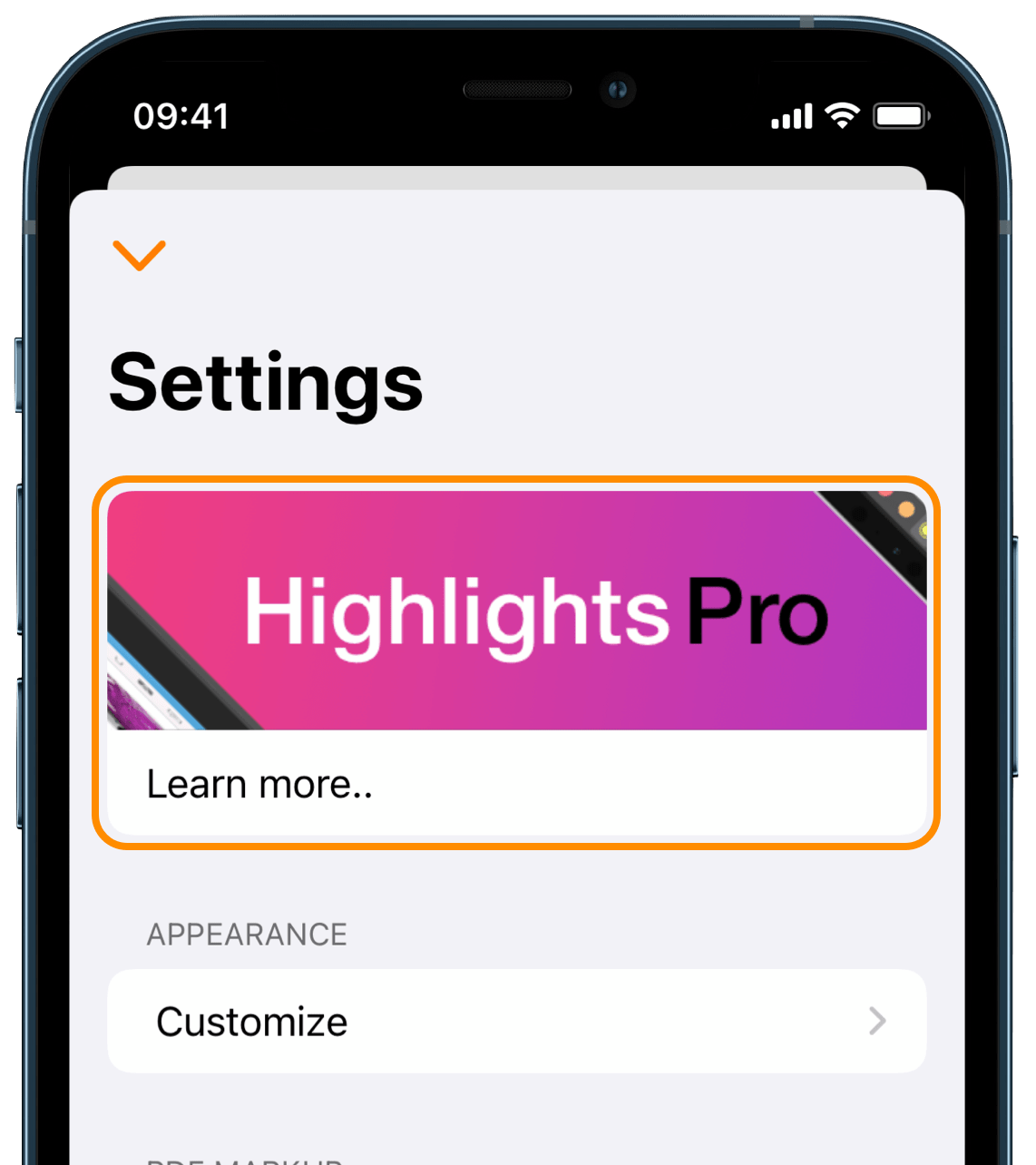 Highlights Pro banner in settings screen