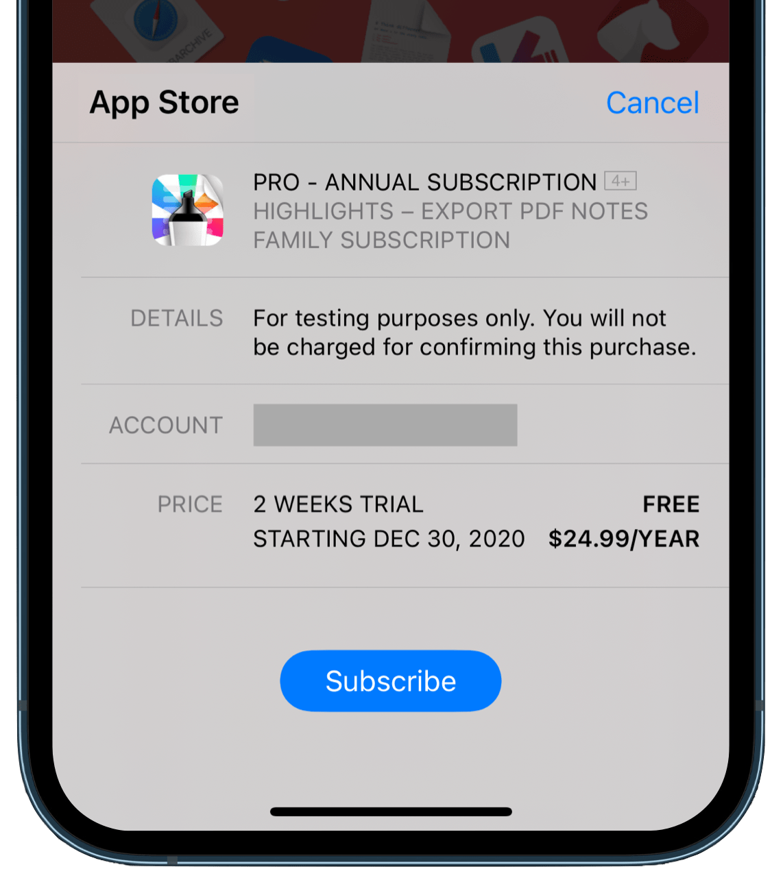 App Store purchase sheet for Highlights Pro subscription