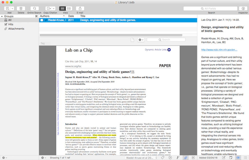 Screenshot of Bookends Opening PDF from Library using Citation Link