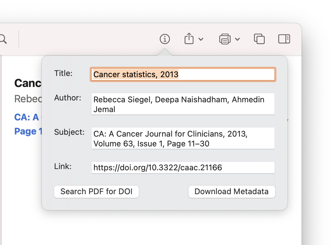 Highlights popover for editing PDF metadata