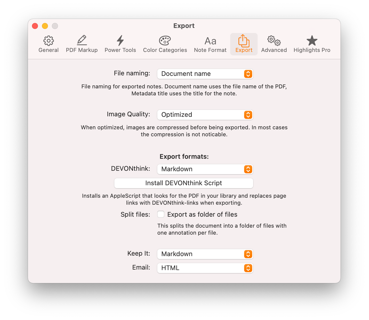 Export preference pane